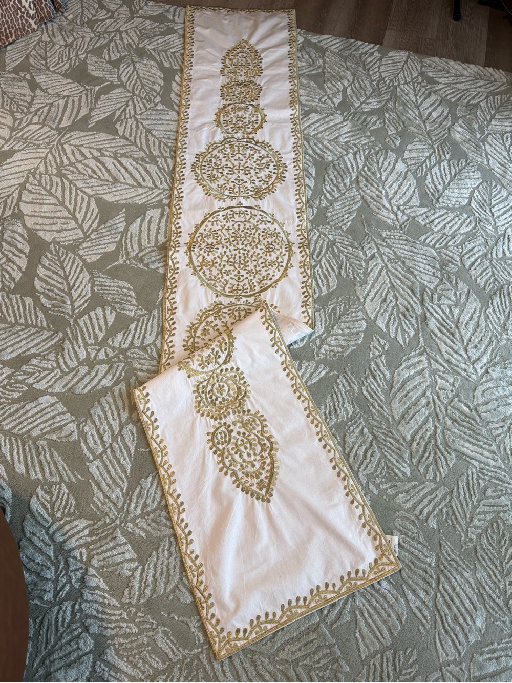 Anthropologie Marrakech Table Runner, Metallic Gold Embroidery, 16 x 90